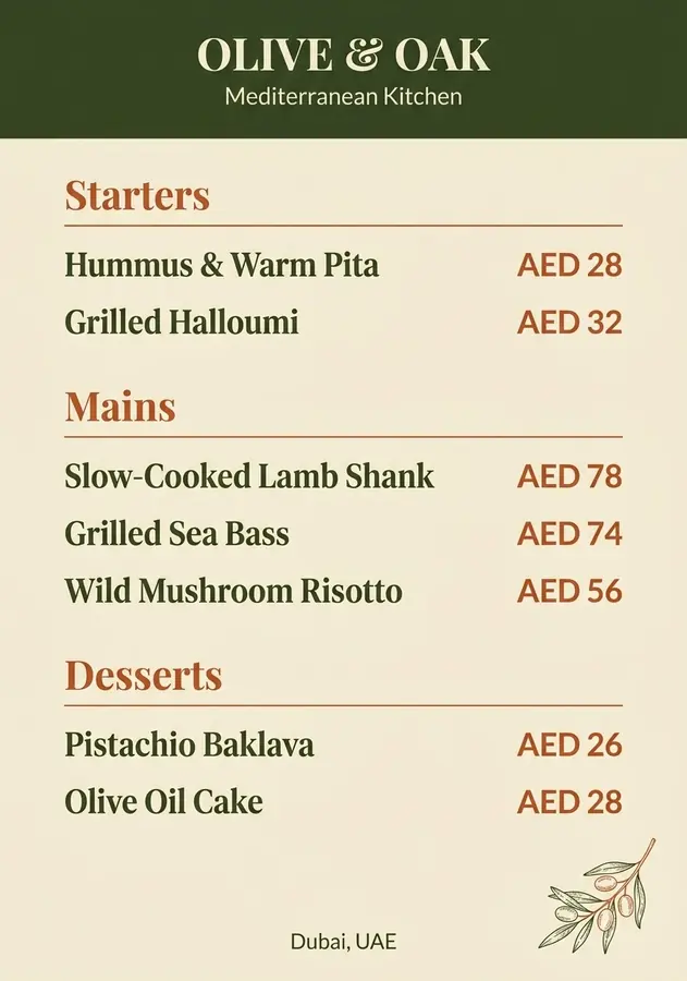 Olive & Oak: Menu